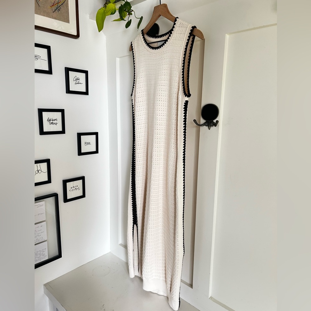 Varley Dwight Tank Knit Dress Cream Black Trim Cotton Midi Minimalist - Picture 9 of 12